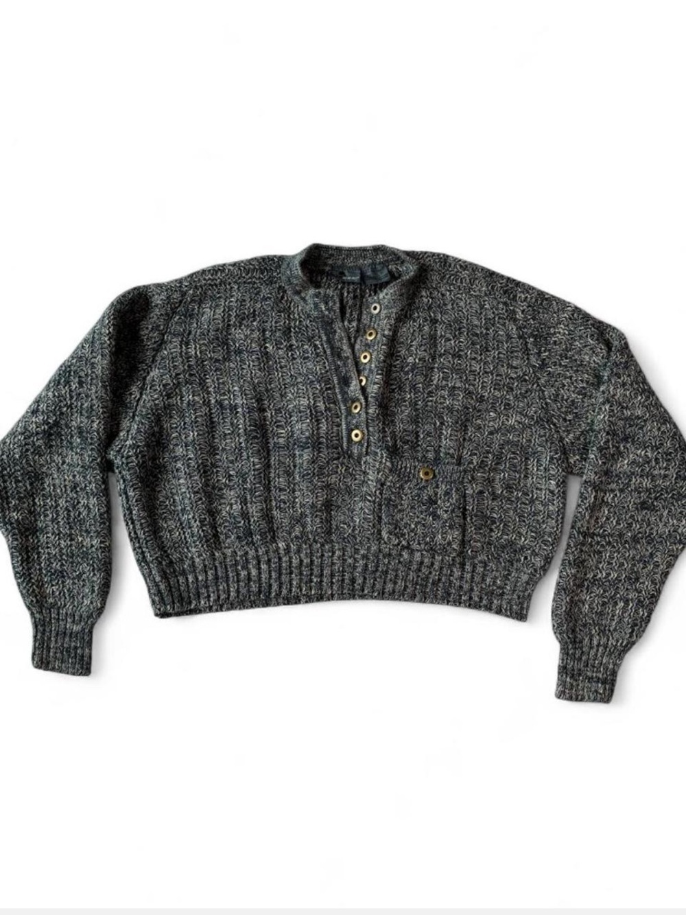 Vintage 90s Liz Wear Dark Teal and Cream Knit Henley Sweater Natural Fibers L